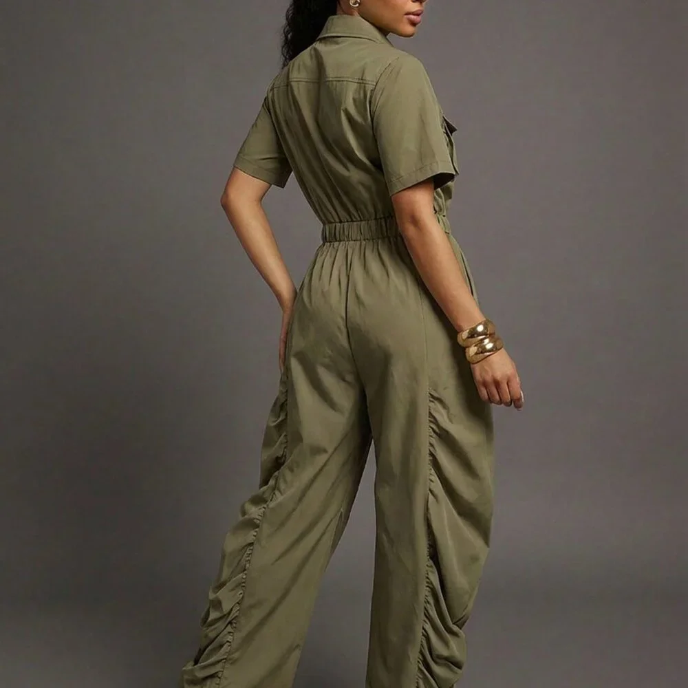 Green Casual Women's Ruched Wide Leg Drawcord Waist Utility Jumpsuit - Picture 2 of 5